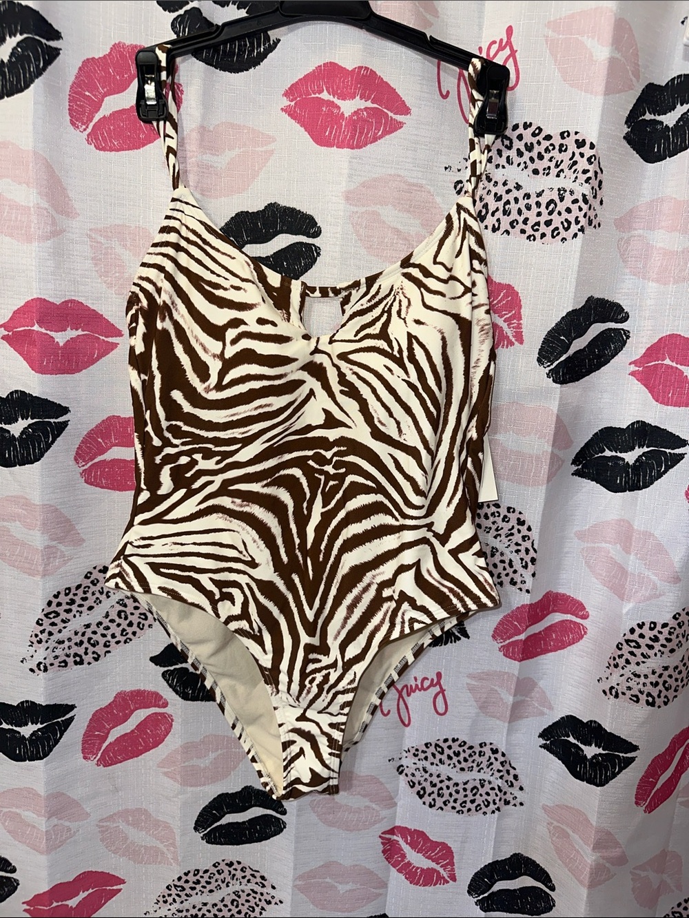 No Boundaries Brown & Cream Zebra-Print One-Piece Swimsuit